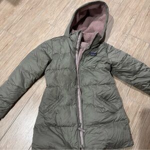 Patagonia Taupe Hooded Puffer Coat with Pink Lining-  used condition
